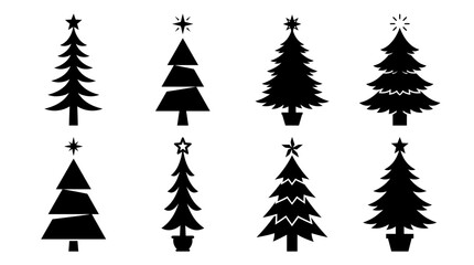 Obraz premium Collection of diverse black Christmas tree silhouettes featuring various artistic styles and sharp decorative star toppers