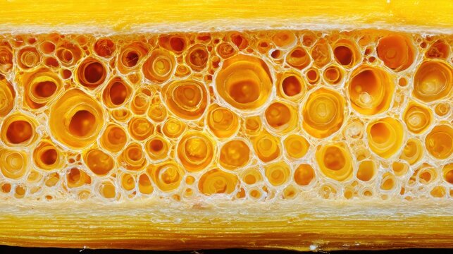 Extreme scientific macro cross section of a yellow corn kernel, clearly visible translucent outer pericarp, dense starchy endosperm and germ region