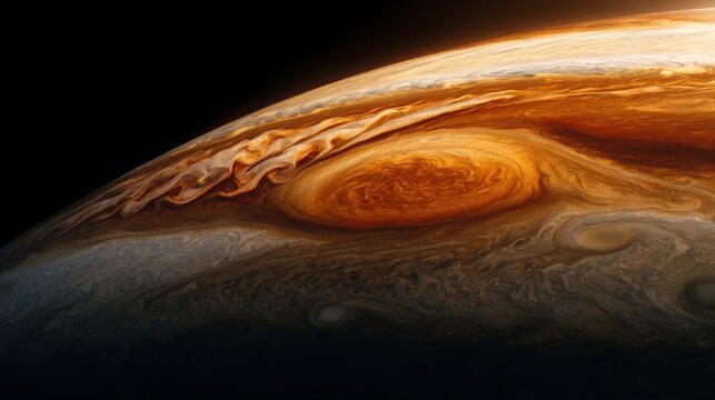 Extreme ultra realistic close view of Jupiter s turbulent atmosphere, enormous swirling cream, orange and brown clouds, gigantic Great Red Spot