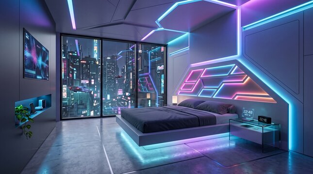 Futuristic bedroom interior with neon lights and city view