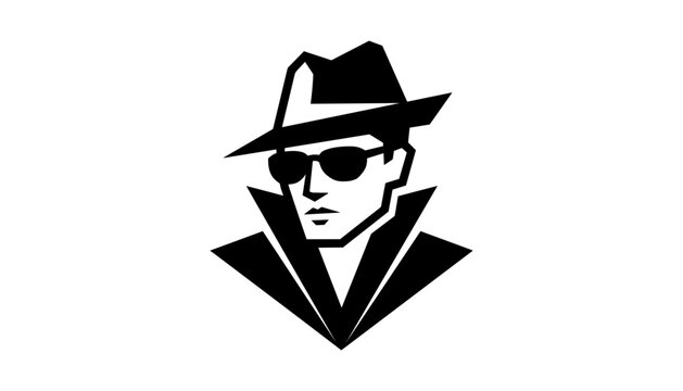 Secret agent spy silhouette wearing fedora hat sunglasses and trench coat vector illustration isolated on white background.