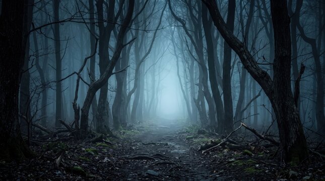 A dark and mysterious panoramic forest path, shrouded in eerie blue mist, leads into a fantasy halloween landscape with gnarled, spooky trees.