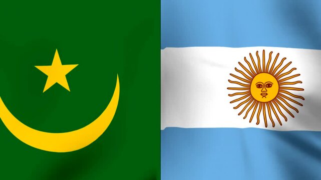 Split view of the waving national flags of Mauritania and Argentina side by side