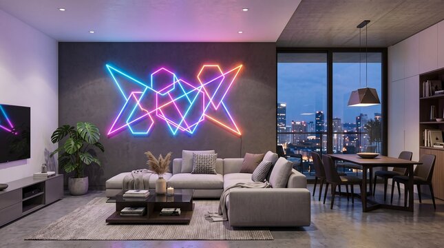 Modern living room with neon geometric wall art at night
