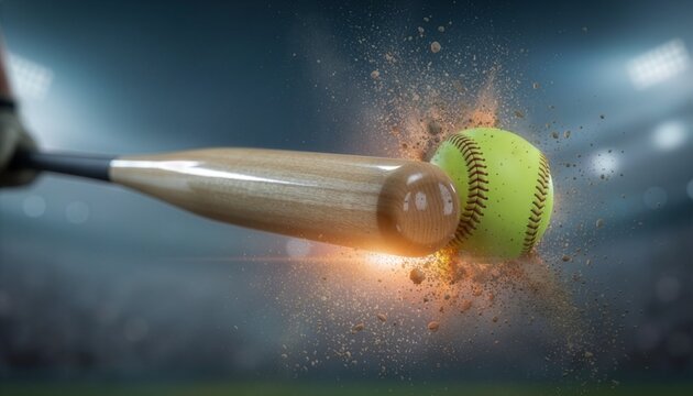 A wooden baseball bat hits a bright yellow softball, creating a dramatic explosion of dirt and dust particles under stadium spotlights with a blurred stadium crowd background.