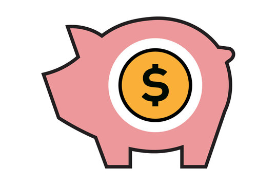 illustration of a pink piggy bank with yellow dollar coins in the middle of the piggy on a white background