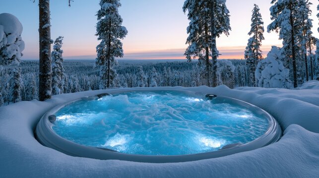 Snow-covered trees surround a glowing, steaming hot tub during a winter sunset
