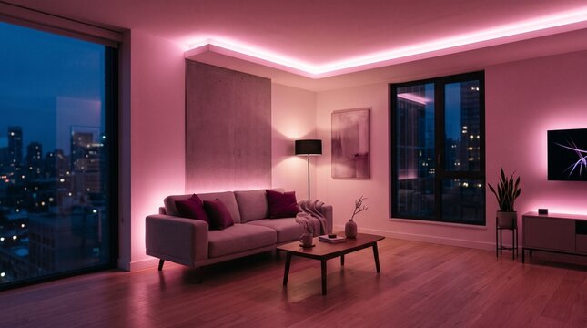 Modern living room interior with pink ambient LED lighting at night