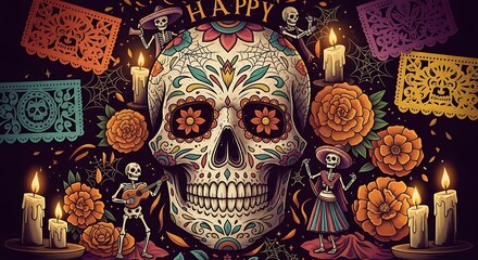 Obraz premium Day of the dead sugar skull with skeletons and flowers