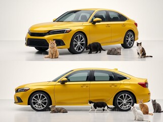 Fototapeta premium Modern yellow sedan car with domestic cats, vibrant yellow automobile in studio setting, group of cats around a sleek vehicle