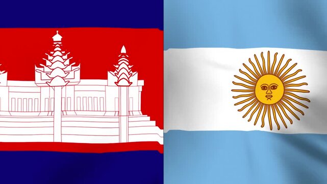 The national flags of cambodia and argentina waving side by side representing international friendship and diplomatic relations