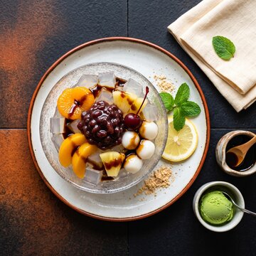 Anmitsu: Japanese Sweet Bean Dessert&mdash;Agar Jelly Cubes with Anko, Fruits, Mochi/Dango, and Kuromitsu Syrup, a Meiji-Era Wagashi Served Chilled in Summer