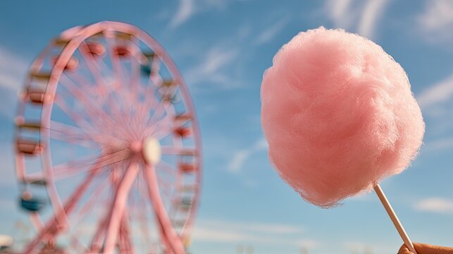 Pink cotton candy on stick with blurred pink Ferris wheel and sky