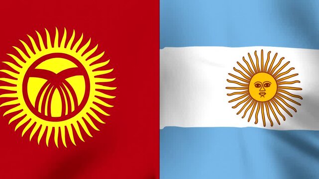 The national flags of kyrgyzstan and argentina side by side showing waving fabric texture