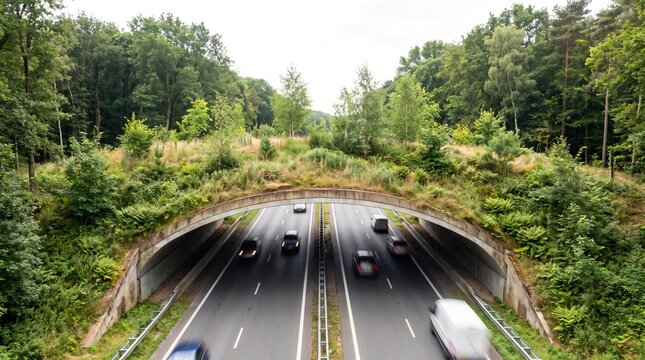 Green Vegetated Wildlife Bridge Planted With Grass Crossing Over a Motorway