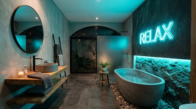 Modern luxury bathroom interior with neon relax sign