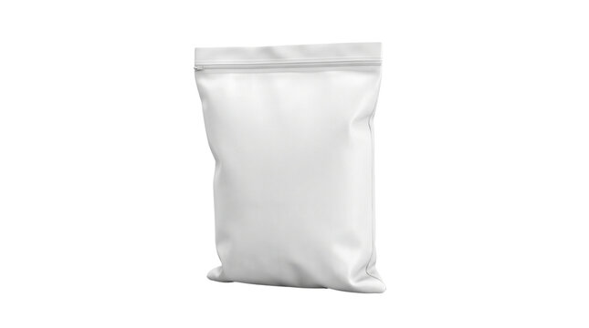 White plastic snack bag mockup, blank food packaging pouch for branding, matte foil sachet for chips or coffee beans isolated PNG with Transparent Background