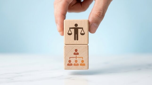 Close up of a hand holding wooden blocks with icons for corporate compliance and business ethics.