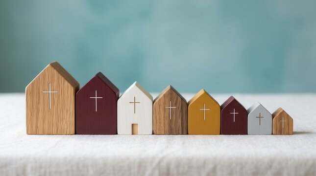 Small wooden houses with crosses depicting a home church and worship community.