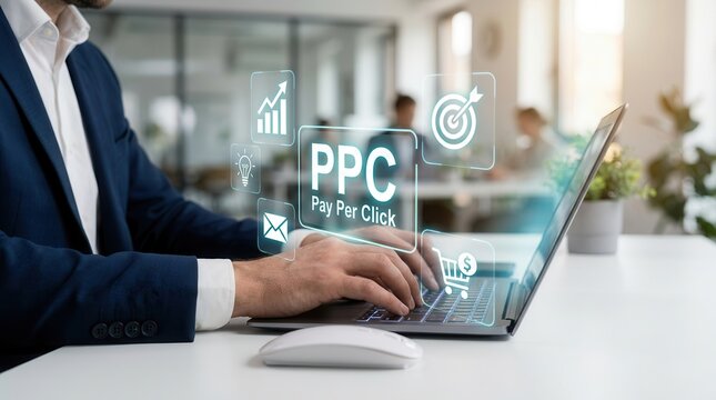 Online advertising concept showing PPC Pay Per Click, social networks, and SEO tools.