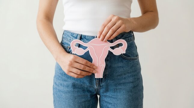 A woman displaying a pink uterus icon to represent women's health and reproductive wellness.