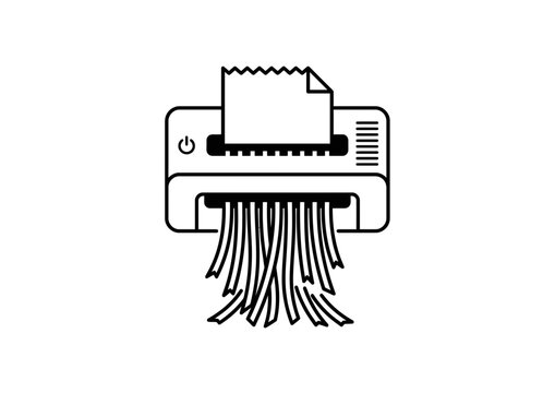 A simple black and white icon illustration of a paper shredder machine destroying documents.