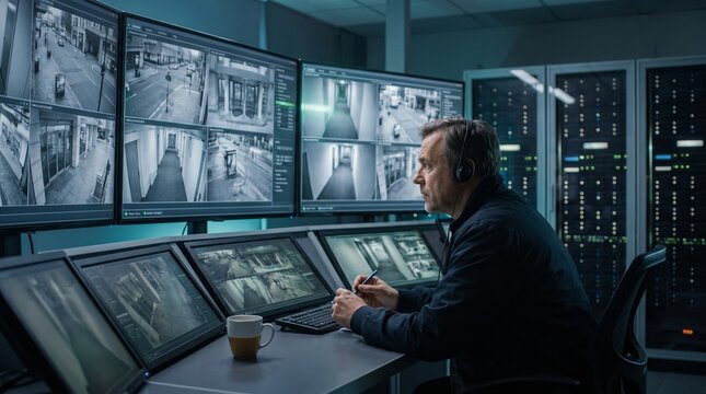 Security guard monitoring multiple surveillance camera feeds in a modern high tech control room.