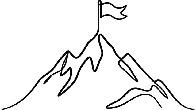 Continuous line drawing of a mountain peak with a flag on top.