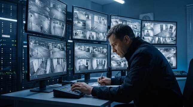 Security guard monitoring multiple surveillance camera feeds in a dark control room.