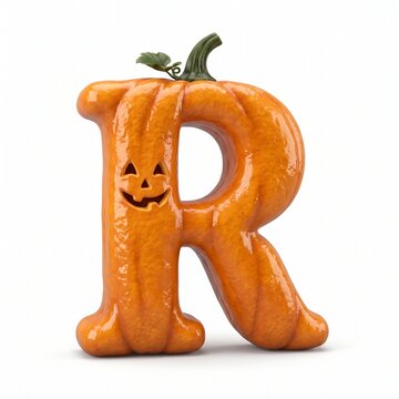 Orange Pumpkin Letter R with Stem and Leaf Halloween 3D Alphabet
