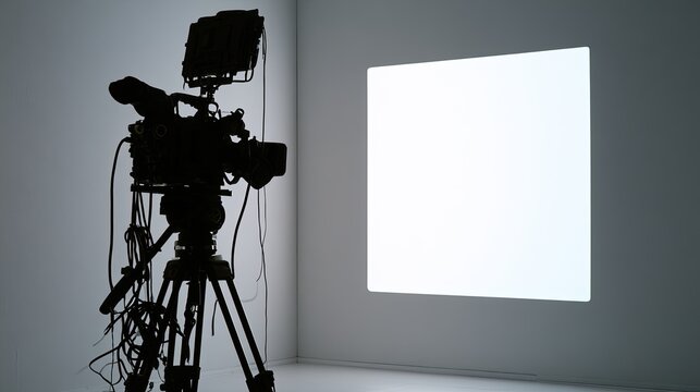 Silhouette of a film camera on a tripod faces a bright white square