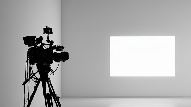 Silhouetted camera on tripod facing blank white projection screen in studio