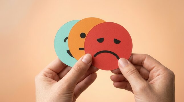 Mental health awareness concept with hands holding happy face hiding a sad face and depression.