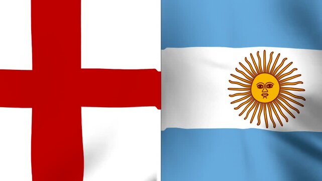 Two national flags of England and Argentina waving side by side