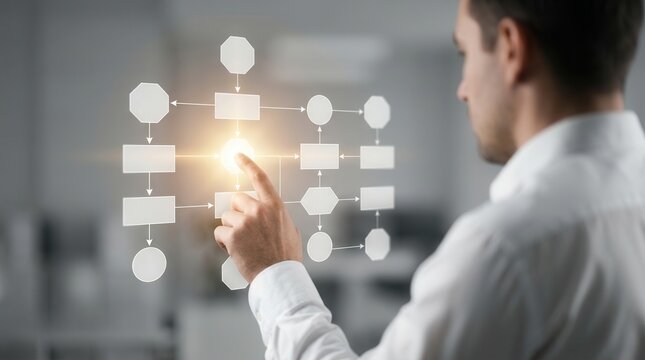 Concept of business process management and workflow automation with a professional in the background.
