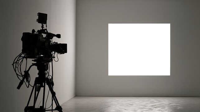 Silhouette of a camera on a tripod facing a blank white screen