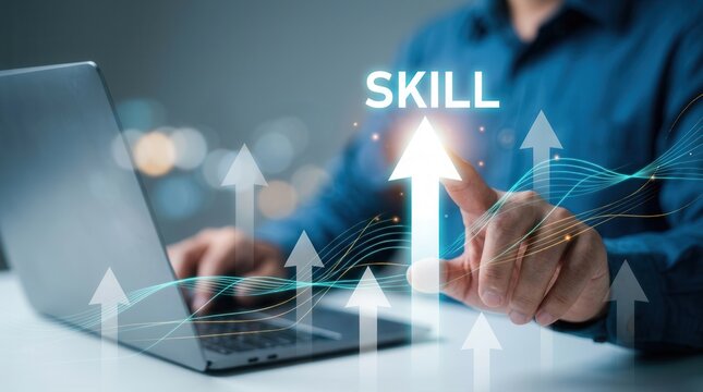 A professional employee using a laptop to enhance knowledge, ability, and skills for career development.