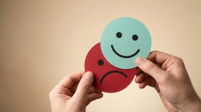 Depression and mental health symbol featuring hands holding contrasting happy and sad emoji masks.