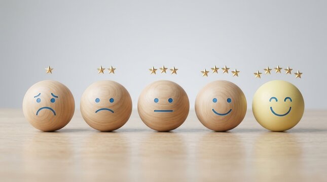 Five wooden spheres representing customer satisfaction rating from sad to happy face.