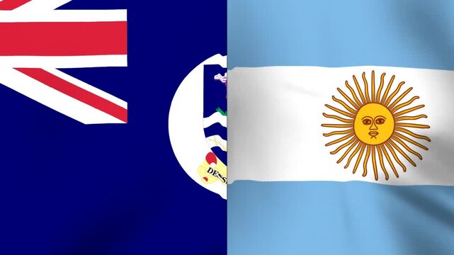 Two national flags of Falkland Islands and Argentina waving together side by side