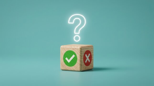 Choosing a method or business strategy with yes and no symbols on a wooden cube.