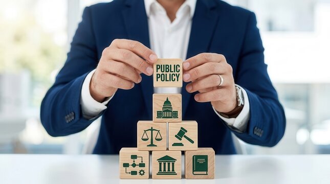 Strategizing public policy and government regulation by building a wooden block framework.