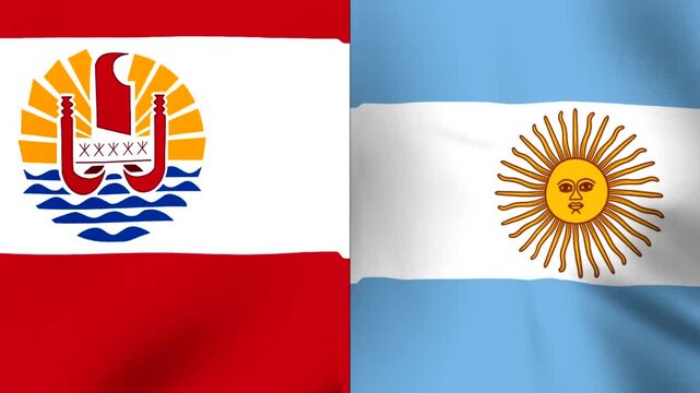 Two national flags of french polynesia and argentina waving side by side