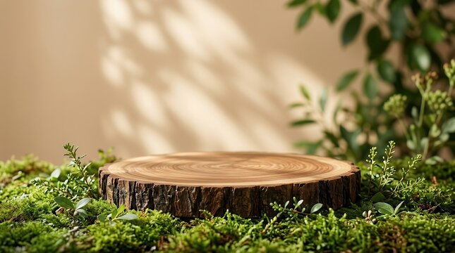 A natural beauty product display stage with a wooden slice on green moss and beige background.