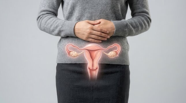 Gynecology and cervix cancer concept featuring a woman with a visual representation of the female reproductive system.