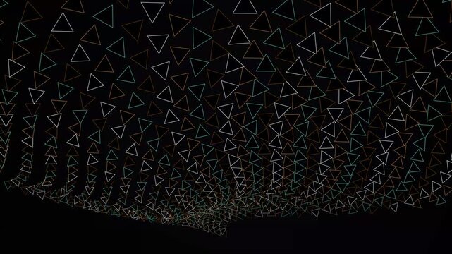 Flowing geometric wave of multi-colored triangle outlines on black background