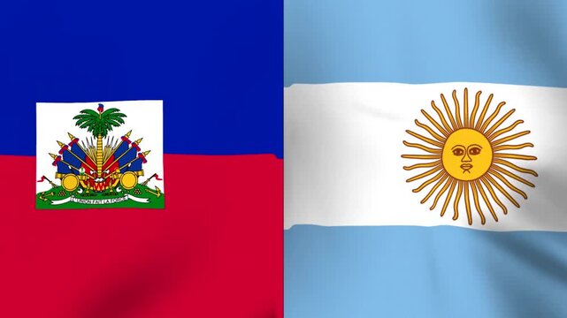 Two national flags of Haiti and Argentina waving side by side as symbols of international cooperation and diplomatic relations