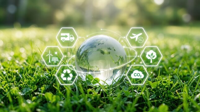 Global transport and green logistics with a sustainable environment and circular economy icons.