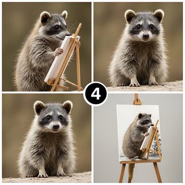Whimsical raccoon painting on a canvas at an easel