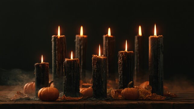 Black wax candles with glowing flames and small pumpkins on dark wooden surface for seasonal decor